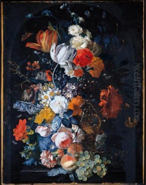 A Still Life Of Tulips,
Hollyhocks, Maltese Cross, An Iris, Narcissi, Auricula, An Opium Poppy,
Marigolds, Apple Blossom, A Carnation And Other Flowers In A Terracotta
Urn With Grapes And Peaches On A Stone Pedestal In A Niche With A
Peacock Butte - view 1