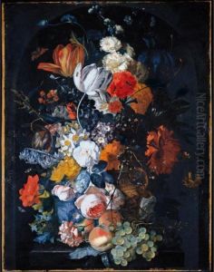 A Still Life Of Tulips, 
Hollyhocks, Maltese Cross, An Iris, Narcissi, Auricula, An Opium Poppy, 
Marigolds, Apple Blossom, A Carnation And Other Flowers In A Terracotta 
Urn With Grapes And Peaches On A Stone Pedestal In A Niche With A 
Peacock Butte