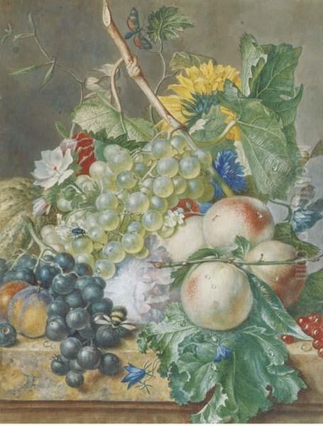 Still Life Of Grapes, Peaches,
Plums And Other Fruit With Peonies,chrysanthemums And Convolvulus, On A
Marble Ledge - view 1