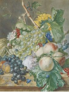 Still Life Of Grapes, Peaches,
Plums And Other Fruit With Peonies,chrysanthemums And Convolvulus, On A
Marble Ledge by Jan Van Huysum