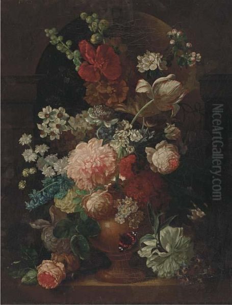 A Parott Tulip, Roses, Morning
Glory And Other Flowers In An Urn Ina Niche, With A Butterfly - view 1