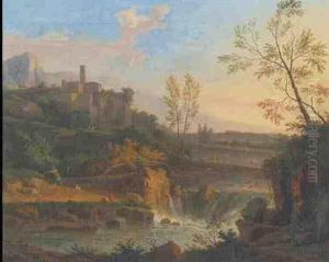 Italienische Flusslandschaft Mit Anglern Bei Dem Wasserfall Vorn