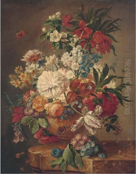 Roses, Tulips, Morning Glory,
Narcissi And Other Flowers In An Urnon A Marble Ledge With Butterflies - view 1