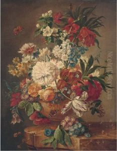 Roses, Tulips, Morning Glory,
Narcissi And Other Flowers In An Urnon A Marble Ledge With Butterflies by Jan Van Huysum