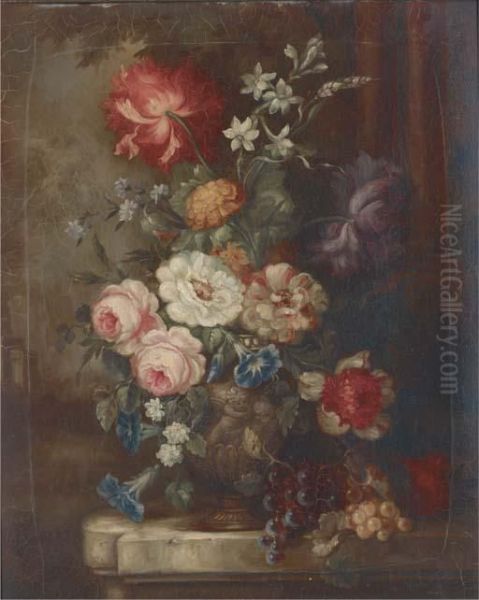 Roses, Petunias, Dahlias, 
Campanulae And Other Summer Flowers In Anornamental Urn With Bunches Of 
Grapes On A Garden Plinth - view 1