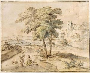 An Arcadian Landscape With Figures Conversing Under A Tree by Jan Van Huysum