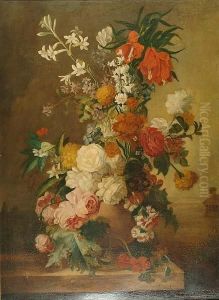 Impressive Still Life Of An Arrangement Of Flowers Displayed On A Stone Ledge by Jan Van Huysum