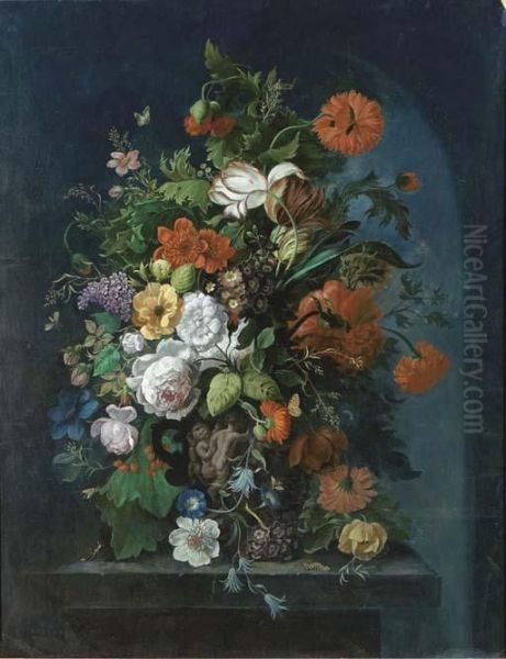 Roses, Tulips, Lilac, 
Convulvulus, Auriculas And Other Flowers Andinsects In An Ornamental Urn
 On A Plinth - view 1