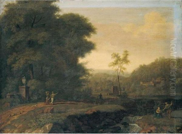 A Classical Landscape With Travellers Resting Beside A Stream, Other Figures On A Path - view 1