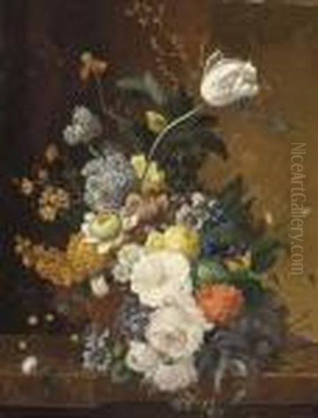 Roses, Tulips And Other Summer Flowers On A Ledge - view 1