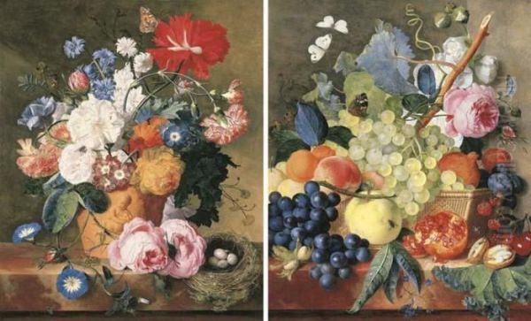 Roses And Other Flowers In A
Terracotta Vase With A Bird's Nest On A Marble Ledge And; Fruit And
Peonies In A Basket With Hazelnuts On A Marble Ledge - view 1