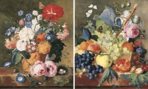 Roses And Other Flowers In A
Terracotta Vase With A Bird's Nest On A Marble Ledge And; Fruit And
Peonies In A Basket With Hazelnuts On A Marble Ledge by Jan Van Huysum