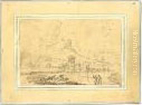 A Rugged Italianate Landscape, With Fishermen In The Foreground - view 1