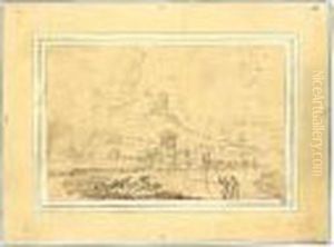 A Rugged Italianate Landscape, With Fishermen In The Foreground