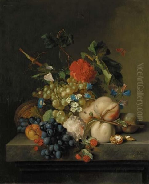 Grapes On The Vine, Peaches, A
Melon, Redcurrants, A Split Walnut, With Morning Glory, Other Flowers
And A Butterfly On A Marble Plinth - view 1