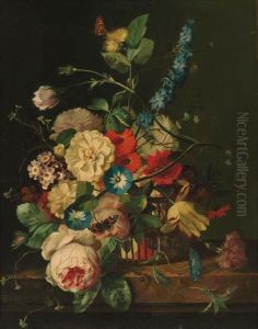 Roses, Peonies, Morning Glory, 
Tulips And Other Flowers In Abasket, With A Red Admiral And A Moth, On A
 Stone Plinth