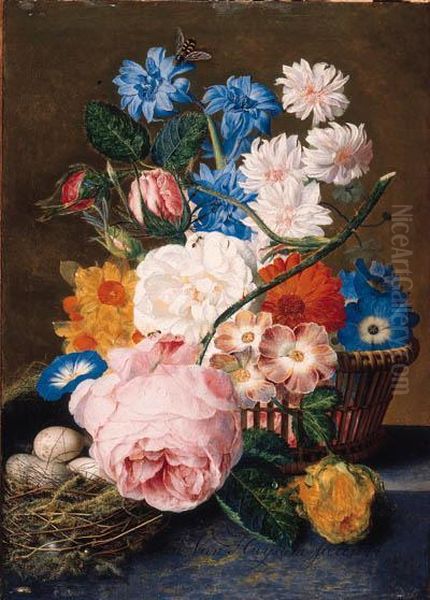 Roses, Morning Glory, Narcissi, 
Aster, And Other Flowers In Abasket, With Eggs In A Nest On A Marble 
Ledge - view 1