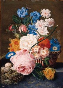 Roses, Morning Glory, Narcissi, 
Aster, And Other Flowers In Abasket, With Eggs In A Nest On A Marble 
Ledge by Jan Van Huysum