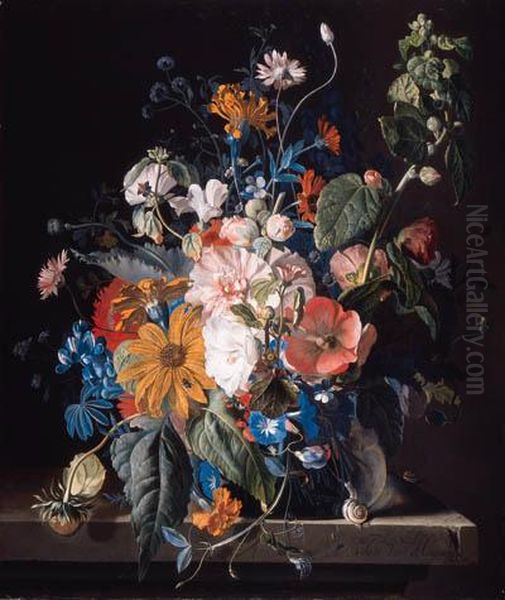Poppies, Hollyhock, Morning
Glory, Viola, Daisies, Sweet Pea,marigolds And Other Flowers In A Vase
With A Snail On A Ledge - view 1