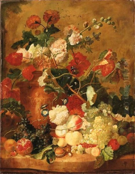 Roses, Carnations And Other 
Flowers In A Sculpted Terracotta Vasewith A Pomegranate, Peaches, Plums,
 Grapes, A Walnut, Hazelnuts Andcurrants On A Marble Ledge - view 1