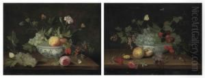 Grapes, Peaches, Cranberries, 
Flowers And Butterflies, In Aporcelain Bowl On A Wooden Ledge; And 
Grapes, Blackberries,cherries, Butterflies And A Walnut In A Porcelain 
Bowl On A Woodenledge Both by Jan van Kessel
