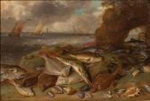 Poissons Sur Le Rivage Et Arriere Planmarin by Jan van Kessel