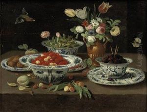 Wild Strawberries In A Chinese 
'kraak' Porcelain Bowl, Blackberriesin A Second Bowl Standing On A 
Plate, Various Flowers In A Bronzevase, Damsons In Yet Another Bowl And 
Walnuts On A Plate, With Apeach, A Sprig Of Cherries And Other Fruit, 
All On  by Jan van Kessel