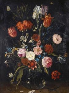 A Still Life Of Tulips, A Crown 
Imperial,snowdrops, Lilies, Irises, Roses And Other Flowers In A Glass 
Vasewith A Lizard, Butterflies, A Dragonfly And Other Insects