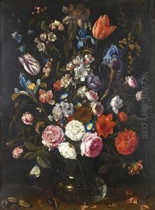 A Still Life Of Tulips, Irises,
Apple Blossom,roses, Convolvulus, Gooseberries And Other Flowers In A
Glass Vasewith Shells, Caterpillars, A Dragonfly And Other Insects by Jan van Kessel