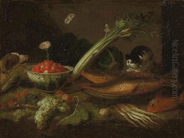 Kitchen Scene With Fish, Vegetables, Fruit, And Animals - view 1