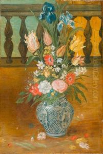 Bouquet Of Flowers In A Vase Before A Balustrade.