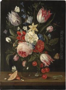 Tulips, Peonies, Cornflowers, 
Roses And Other Flowers In A Glassvase With Cherries And Orange Segments
 On A Wooden Ledge Andbutterflies, Grasshoppers, Spiders And Dragonflies