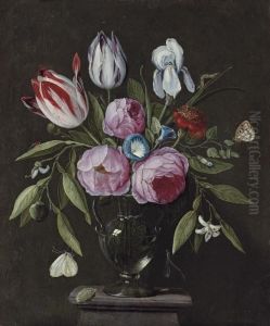 Roses, Tulips, An Iris And Other
 Flowers, In A Glass Vase On Astone Plinth, With Butterflies And Other 
Insects