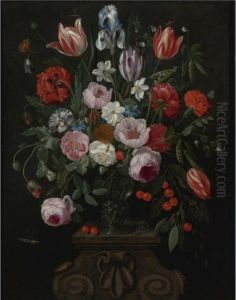 Still Life Of Tulips, Roses, A 
Whitish Iris, Cherries, Peas And Other Flowers In A Roemer Surrounded By
 Numerous Insects On A Carved Stone Plinth