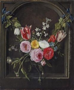 A Swag Of Flowers Hanging In A Niche