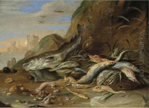 A Seashore With A Still Life Of Fish, Crustaceans And Other Sea Creatures by Jan van Kessel