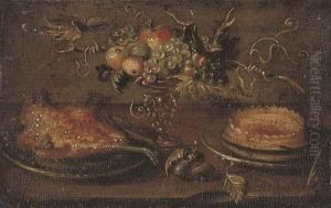 A Roast On A Platter, A Cake, An
 Apple, A Pear, Peaches And Grapes In A Tazza On A Stone Ledge by Jan van Kessel