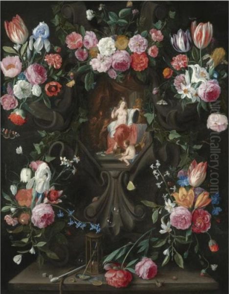 A Garland Of Flowers, Including 
Irises, Parrot Tulips And Roses, Surrounding A Stone Niche Inset With A 
Vanitas Scene - view 1