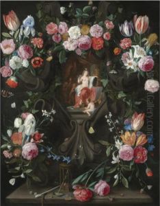 A Garland Of Flowers, Including
Irises, Parrot Tulips And Roses, Surrounding A Stone Niche Inset With A
Vanitas Scene by Jan van Kessel