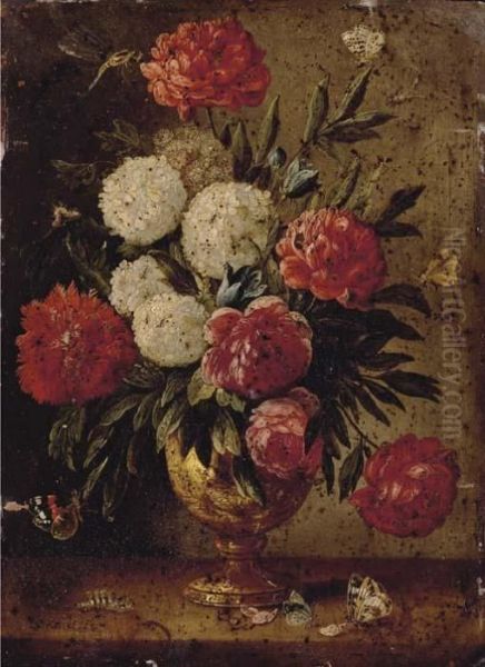 Roses, Carnations, Morning-glory And Other Flowers With Ants In A Gold Sculpted Urn - view 1