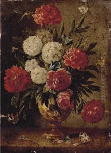 Roses, Carnations, Morning-glory And Other Flowers With Ants In A Gold Sculpted Urn by Jan van Kessel