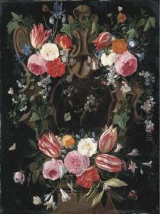 A Garland Of Tulips, Roses, 
Morning Glory, An Iris, Clematis And Other Flowers Surrounding A 
Sculpted Stone Cartouche With A Red Admiral, A Common Blue And Other 
Butterflies And Insects