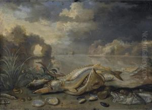 Sturgeon And Thornback Ray With A
 Cod Oysters Mussels And Other Fish On A 
Seashore A Ship In The Distance
