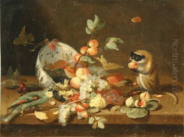 Still Life Of Fruit Spilling From A Bowl With A Parrot Andmonkey - view 1