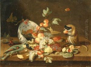 Still Life Of Fruit Spilling From A Bowl With A Parrot Andmonkey by Jan van Kessel
