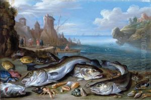 A Harbour Scene With Fish, 
Crustaceans, Tortoises And Turtles And Otters On A Beach, A Harbour 
Beyond