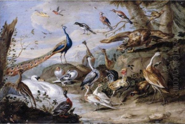 An Eagle, Peacocks, Doves, 
Herons, A Cockerel, A Hen, A Mallard, A Swan And Other Birds On A 
Riverbank - view 1