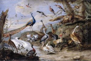 An Eagle, Peacocks, Doves,
Herons, A Cockerel, A Hen, A Mallard, A Swan And Other Birds On A
Riverbank by Jan van Kessel