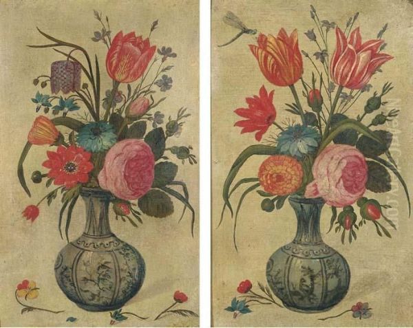 Tulips, A Rose And Other Flowers In An Ornamental Vase With Adragonfly; And Roses - view 1