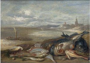 A Still Life Of Various Fish And
Crustaceans On A Beach, With Fishing Boats And A Town Beyond by Jan van Kessel